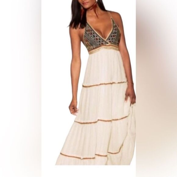 L'ATISTE White Tiered Sundress Maxi Halter Embroidered Sequins Bohemian Pearls - Picture 9 of 17